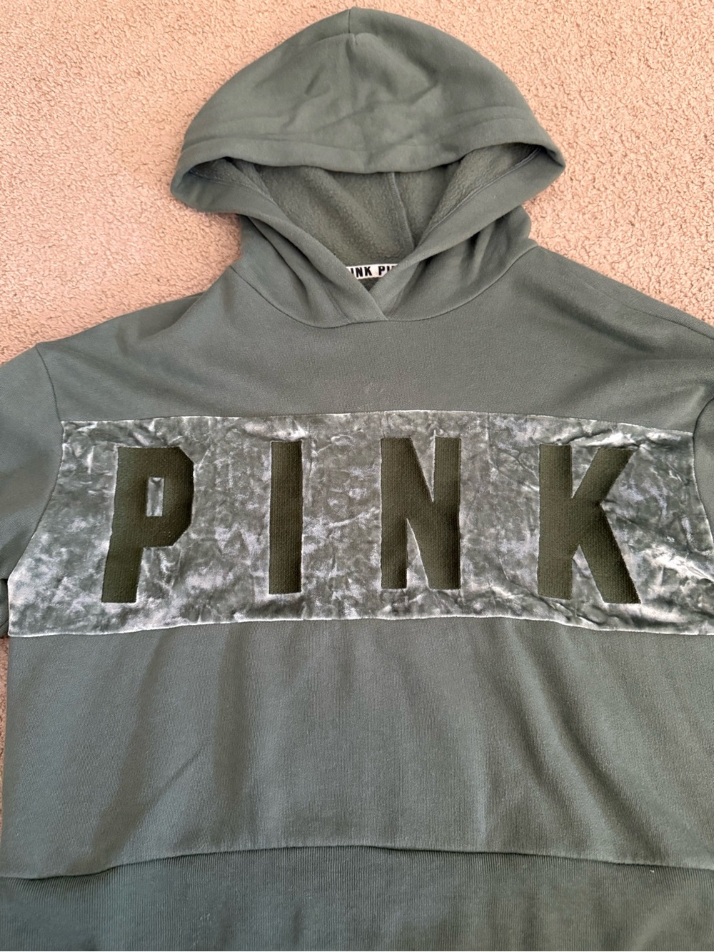 PINK Victoria's Secret Olive Green Velvet-Trim Hoodie